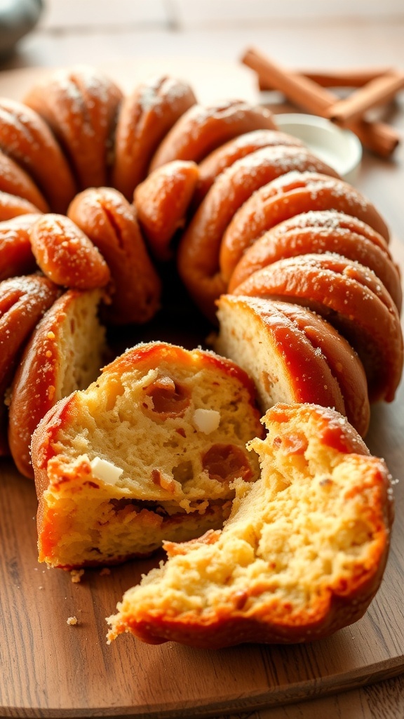 Classic Monkey Bread Recipe A golden-brown monkey bread on a wooden table, showcasing pull-apart pieces with a sugary glaze.